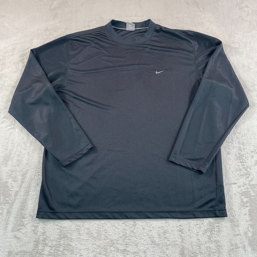 Vintage Nike T Shirt Men XL Black Silky Shiny Swoosh Logo Crew Long Sleeve Golf